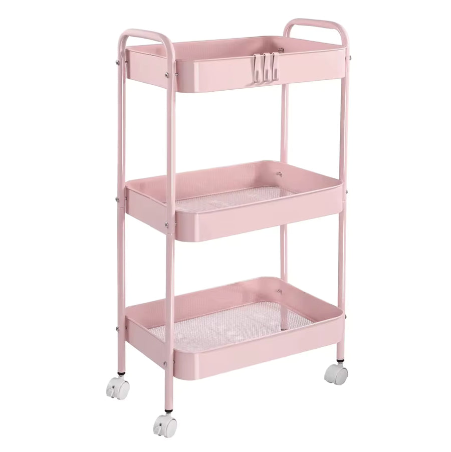Back To School 3-Tier Metal Rolling Cart With Wheels Pink Student Dormitory Snack Study Tool Storage Cart With Handle And Lockable Universal Wheel Dormitory Must Have Artifact Kitchen Office Organizer Racks