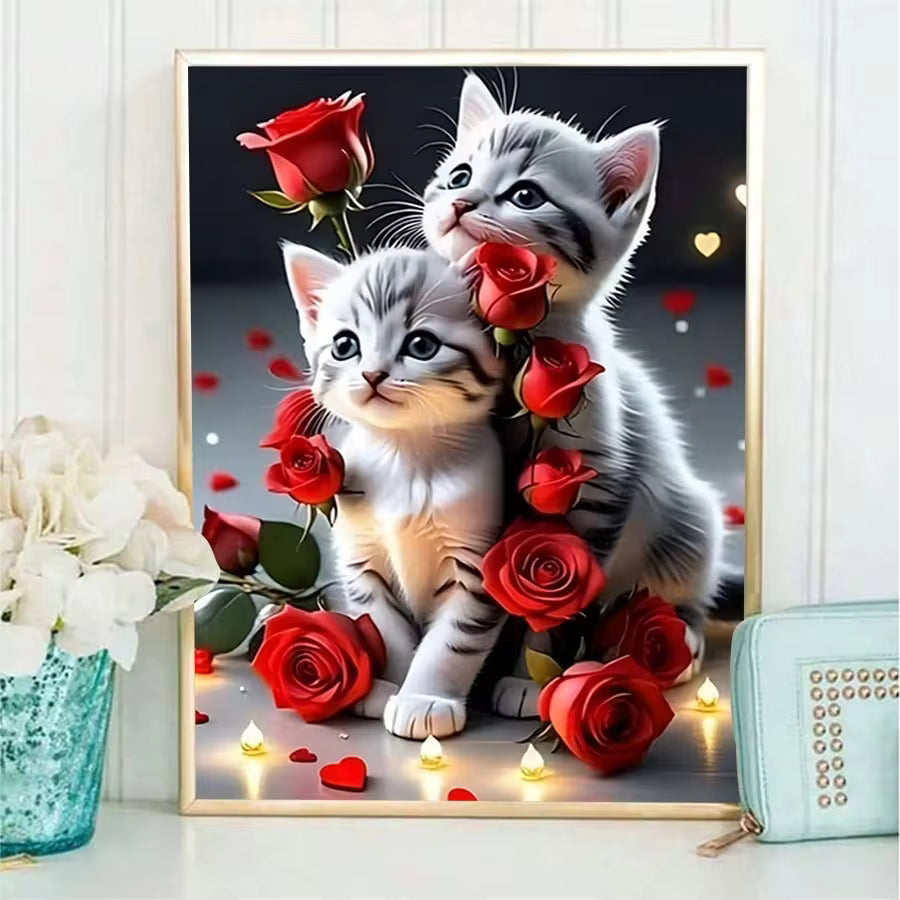 Diamond Painting Kit Rose Cat Image, DIY 5D Full Drill Diamond Art Craft, Suitable For Home Room Decor And Wall Decoration, Perfect Choice For Holiday Parties And Various Festive Occasions